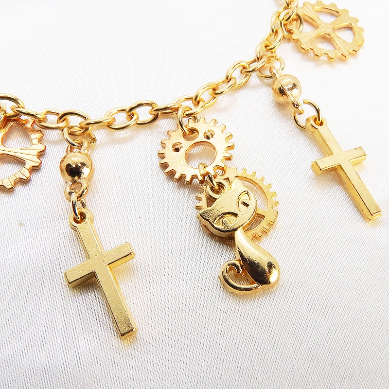 マットゴールド 猫とロザリオと歯車のスチームパンク風ブレスレット