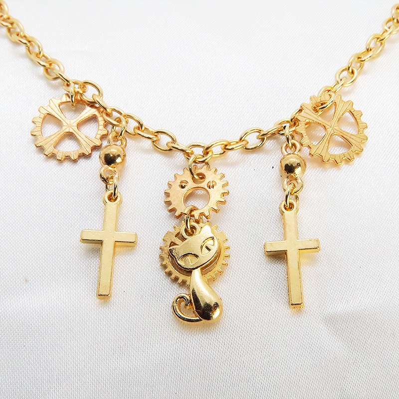 マットゴールド 猫とロザリオと歯車のスチームパンク風ブレスレット