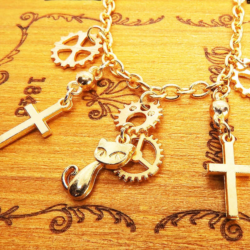 マットゴールド 猫とロザリオと歯車のスチームパンク風ブレスレット