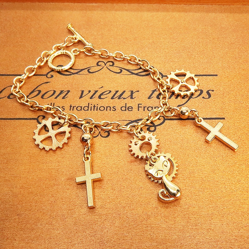 マットゴールド 猫とロザリオと歯車のスチームパンク風ブレスレット