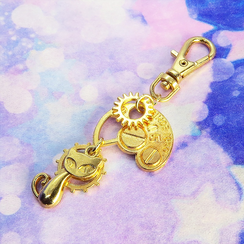 マットゴールドの猫と歯車・ギア ファスナーチャーム キーホルダー スチームパンク にゃお