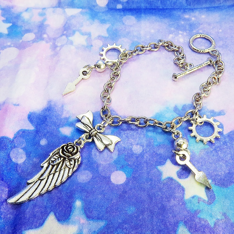 アンティークシルバー 翼と歯車のスチームパンク風ブレスレット リボン 時計の針 メンズ レディース