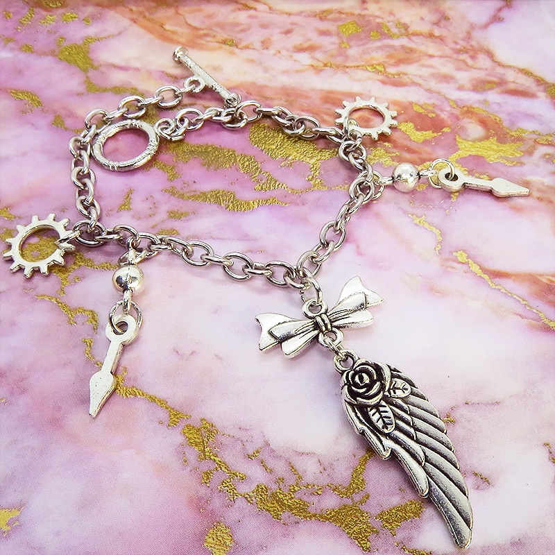 アンティークシルバー 翼と歯車のスチームパンク風ブレスレット リボン 時計の針 メンズ レディース