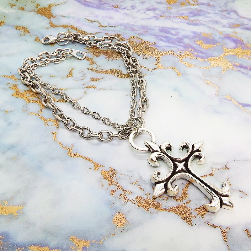 ダブルチェーン ブレスレット 大きなロザリオ 十字架 スチームパンク ゴシック レディース メンズ