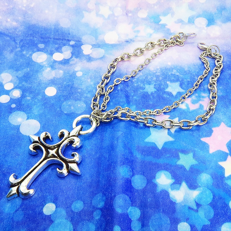 ダブルチェーン ブレスレット 大きなロザリオ 十字架 スチームパンク ゴシック レディース メンズ