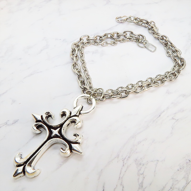 ダブルチェーン ブレスレット 大きなロザリオ 十字架 スチームパンク ゴシック レディース メンズ