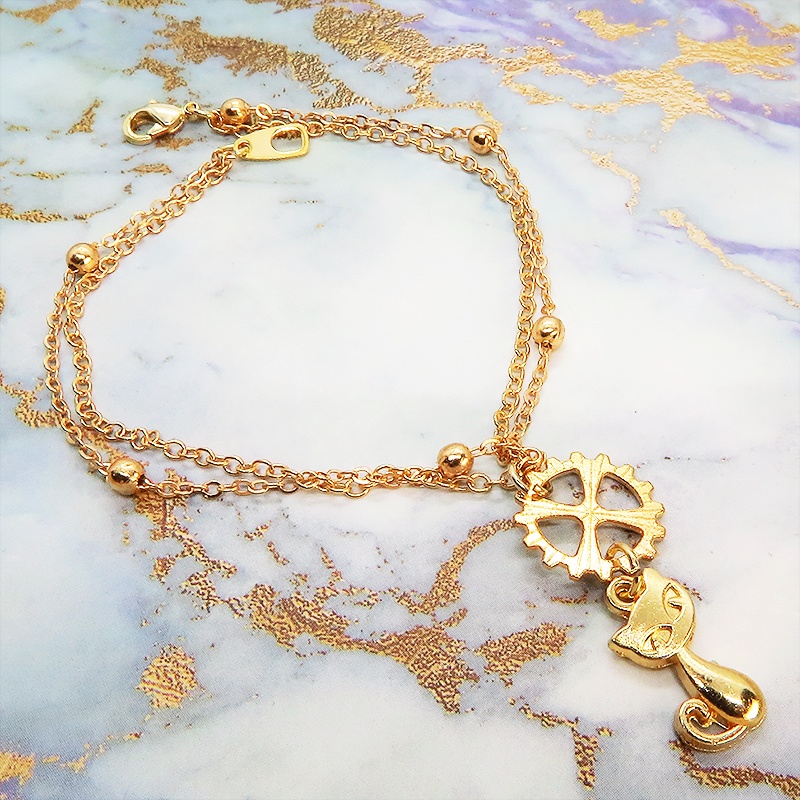 マットゴールド 猫と歯車のダブルチェーンブレスレット 繊細 長さ調整可 アジャスター可