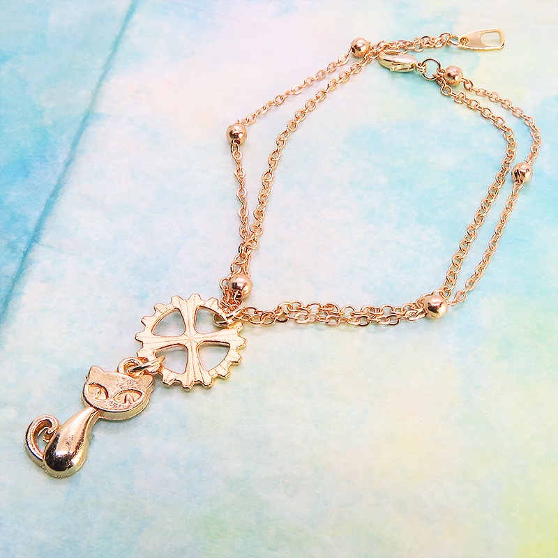 マットゴールド 猫と歯車のダブルチェーンブレスレット 繊細 長さ調整可 アジャスター可