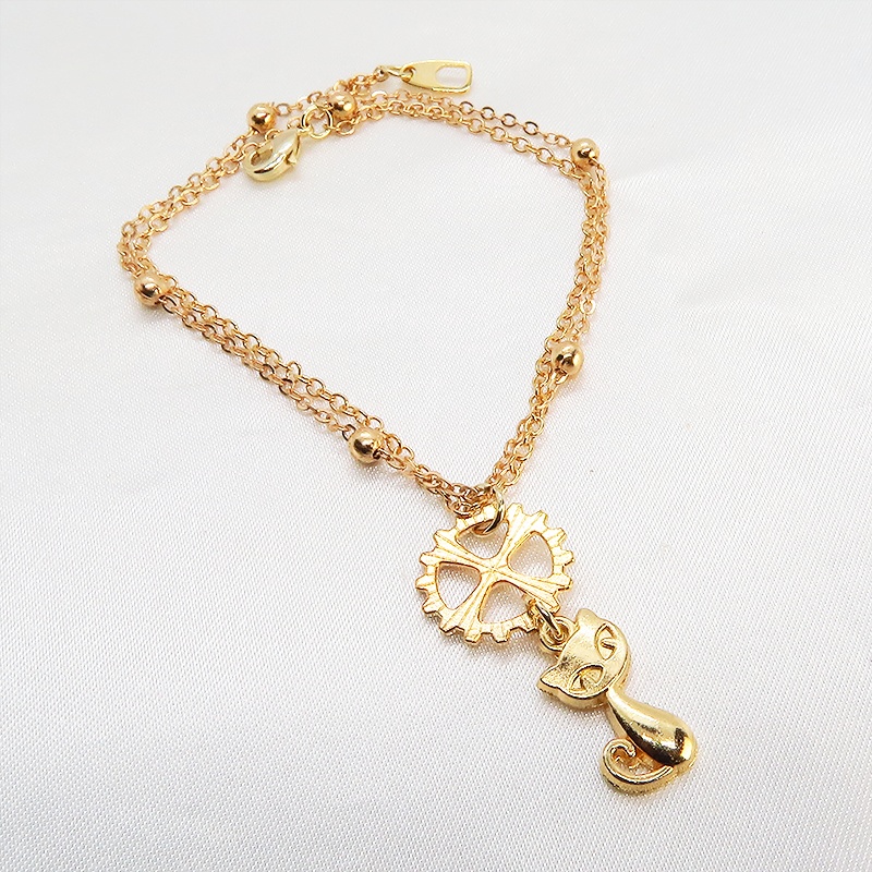 マットゴールド 猫と歯車のダブルチェーンブレスレット 繊細 長さ調整可 アジャスター可