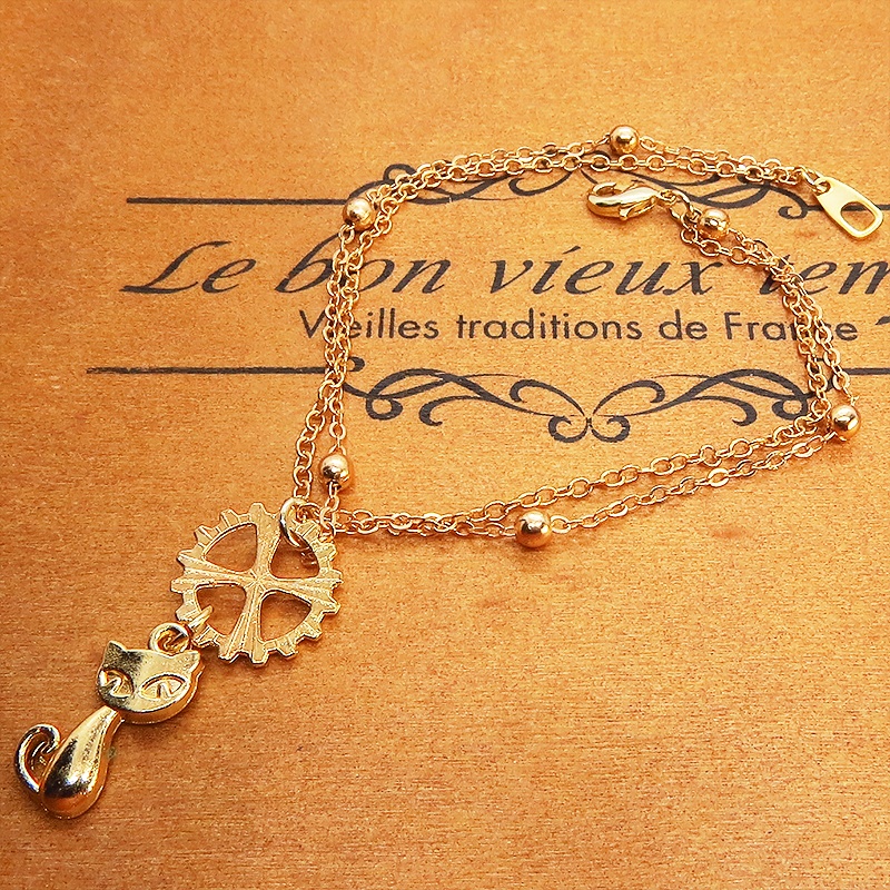 マットゴールド 猫と歯車のダブルチェーンブレスレット 繊細 長さ調整可 アジャスター可