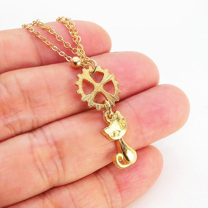 マットゴールド 猫と歯車のダブルチェーンブレスレット 繊細 長さ調整可 アジャスター可