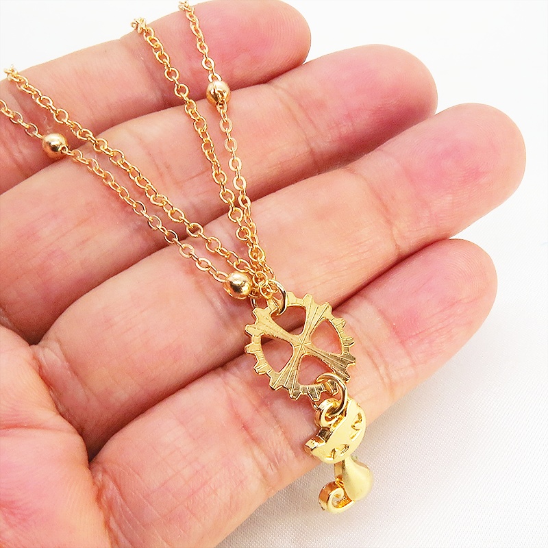 マットゴールド 猫と歯車のダブルチェーンブレスレット 繊細 長さ調整可 アジャスター可