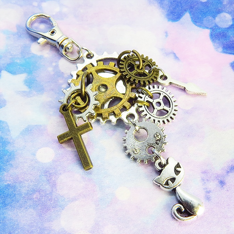 スチームパンク風 シルバー 猫と歯車・ギアのキーホルダー ファスナーチャーム バッグチャーム