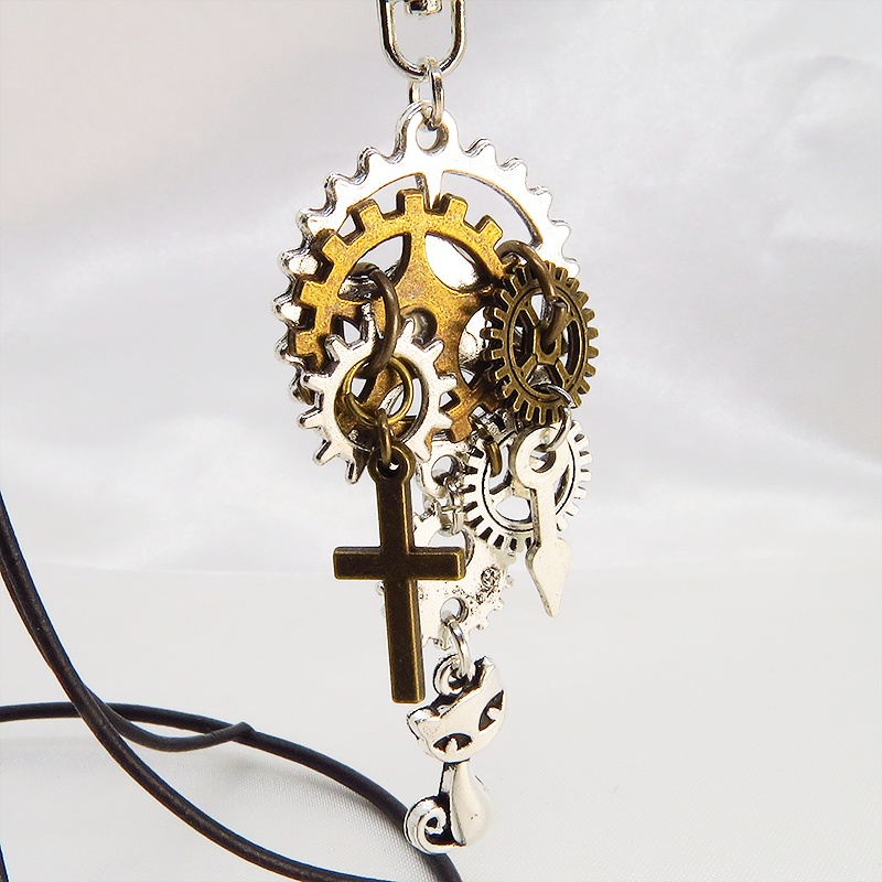 スチームパンク風 シルバー 猫と歯車・ギアのキーホルダー ファスナーチャーム バッグチャーム