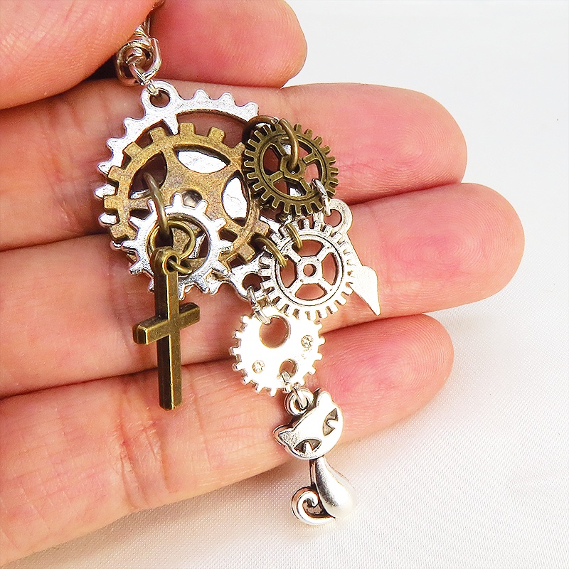 スチームパンク風 シルバー 猫と歯車・ギアのキーホルダー ファスナーチャーム バッグチャーム