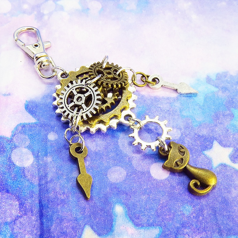 スチームパンク風 アンティーク 猫と歯車・ギアのキーホルダー ファスナーチャーム バッグチャーム