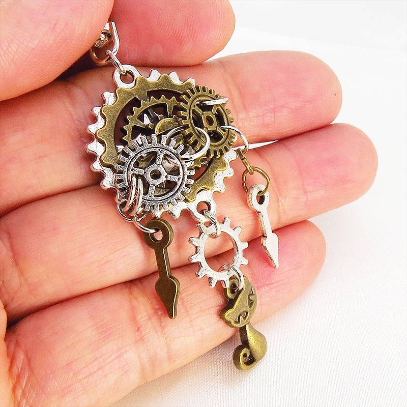 スチームパンク風 アンティーク 猫と歯車・ギアのキーホルダー ファスナーチャーム バッグチャーム