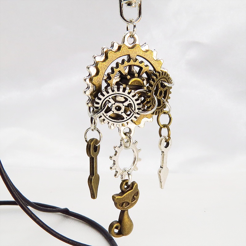 スチームパンク風 アンティーク 猫と歯車・ギアのキーホルダー ファスナーチャーム バッグチャーム