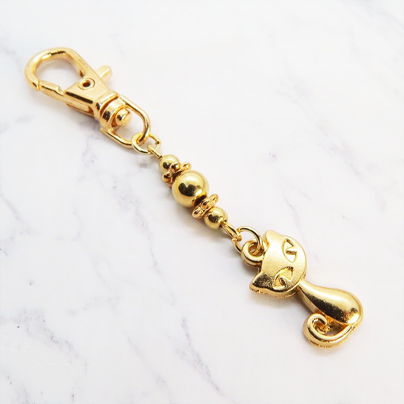 マットゴールドのかわいい猫とビーズのファスナーチャーム キーホルダー ゴールド