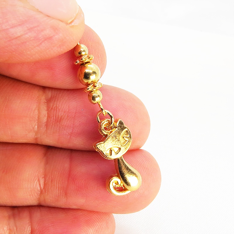 マットゴールドのかわいい猫とビーズのファスナーチャーム キーホルダー ゴールド