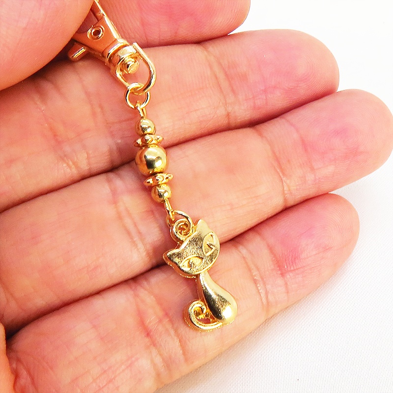 マットゴールドのかわいい猫とビーズのファスナーチャーム キーホルダー ゴールド