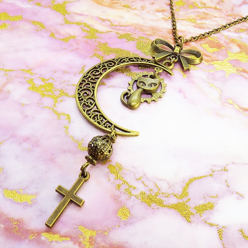 アンティークゴールド 猫と三日月のネックレス ロザリオ リボン メタルビーズ 透かし アラベスク 長さ調整可 アジャスター可