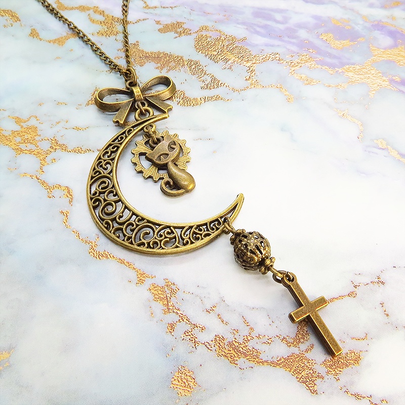 アンティークゴールド 猫と三日月のネックレス ロザリオ リボン メタルビーズ 透かし アラベスク 長さ調整可 アジャスター可