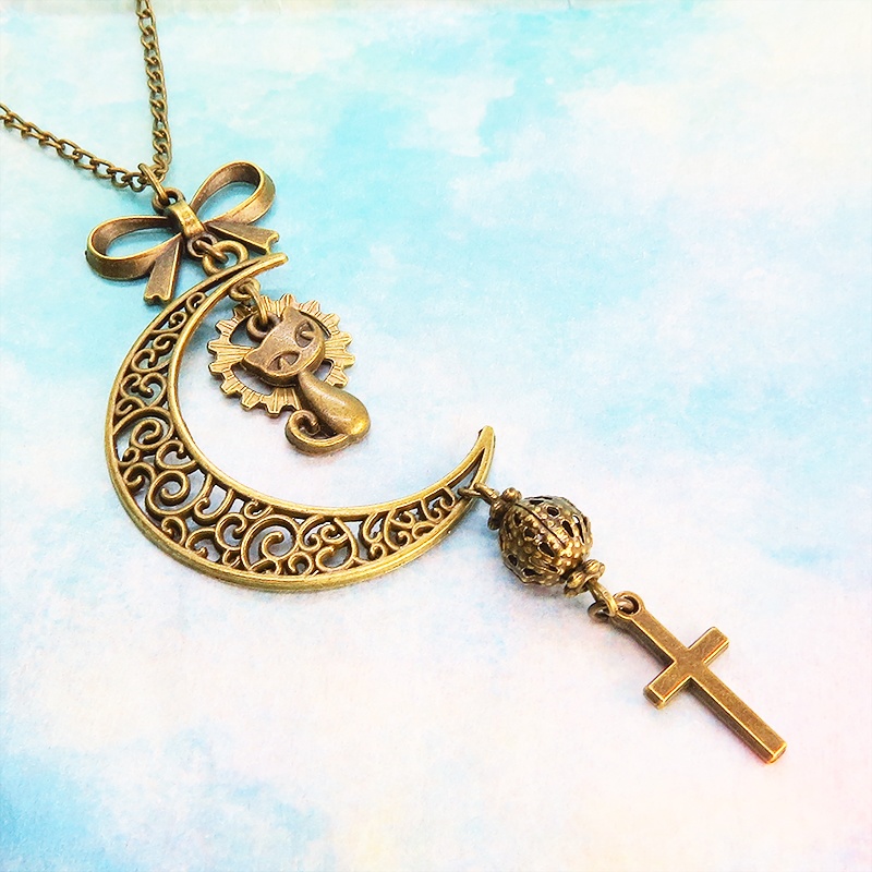 アンティークゴールド 猫と三日月のネックレス ロザリオ リボン メタルビーズ 透かし アラベスク 長さ調整可 アジャスター可