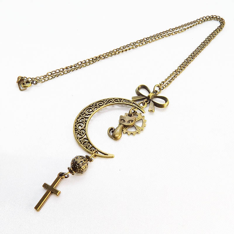 アンティークゴールド 猫と三日月のネックレス ロザリオ リボン メタルビーズ 透かし アラベスク 長さ調整可 アジャスター可