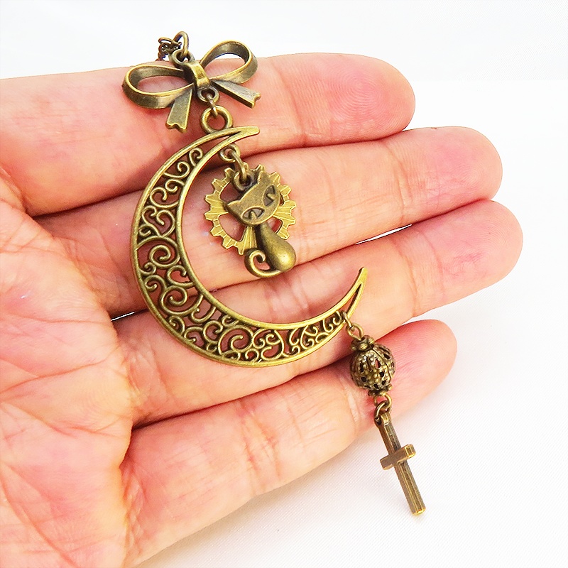 アンティークゴールド 猫と三日月のネックレス ロザリオ リボン メタルビーズ 透かし アラベスク 長さ調整可 アジャスター可