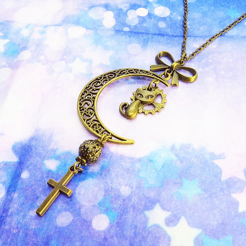 アンティークゴールド 猫と三日月のネックレス ロザリオ リボン メタルビーズ 透かし アラベスク 長さ調整可 アジャスター可