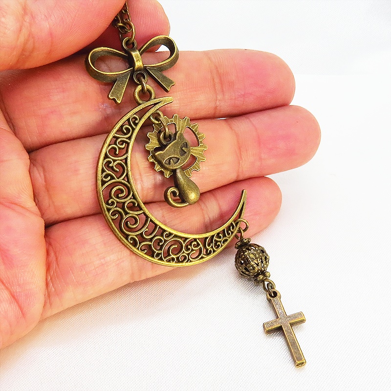 アンティークゴールド 猫と三日月のネックレス ロザリオ リボン メタルビーズ 透かし アラベスク 長さ調整可 アジャスター可