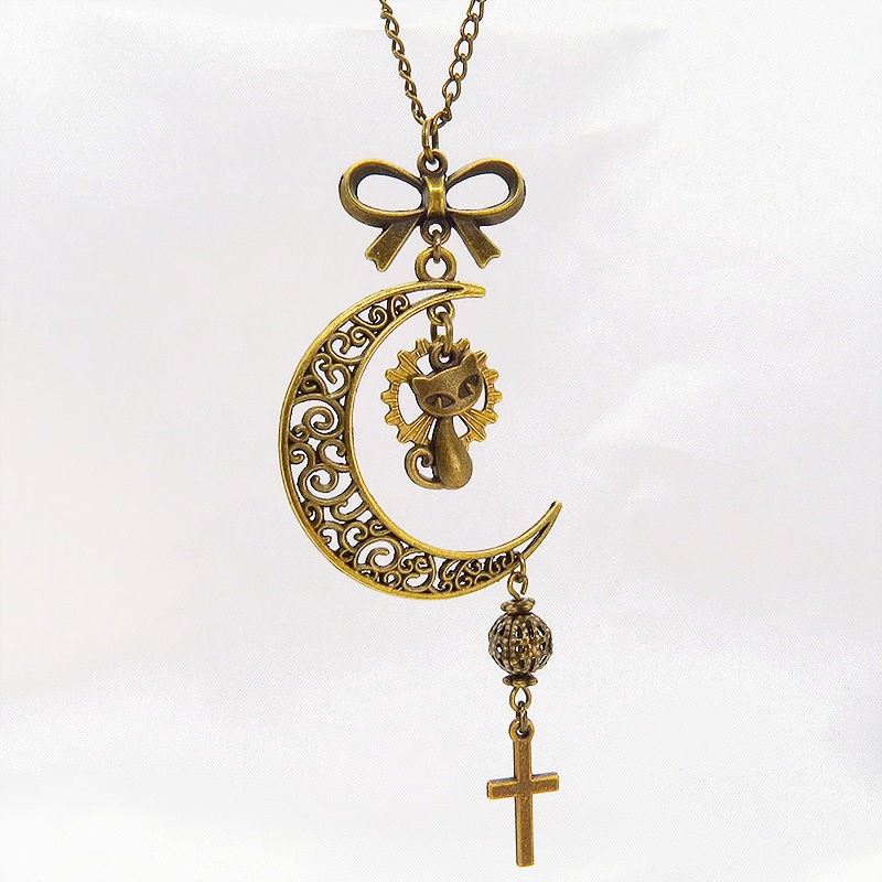 アンティークゴールド 猫と三日月のネックレス ロザリオ リボン メタルビーズ 透かし アラベスク 長さ調整可 アジャスター可