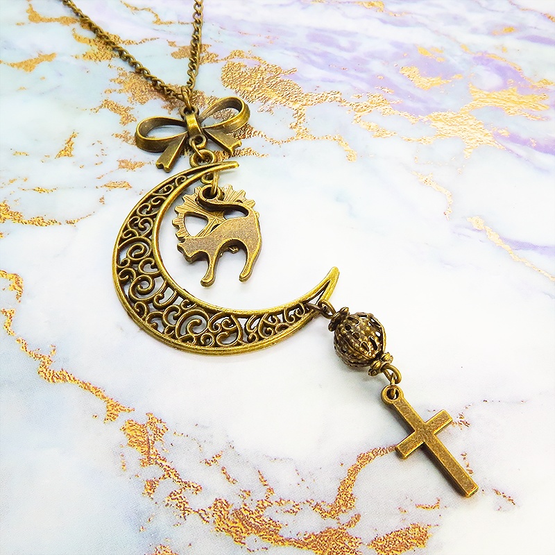 アンティークゴールド 跳ね猫と三日月のネックレス ロザリオ リボン メタルビーズ 透かし アラベスク 長さ調整可 アジャスター可