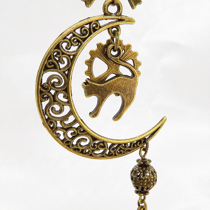 アンティークゴールド 跳ね猫と三日月のネックレス ロザリオ リボン メタルビーズ 透かし アラベスク 長さ調整可 アジャスター可