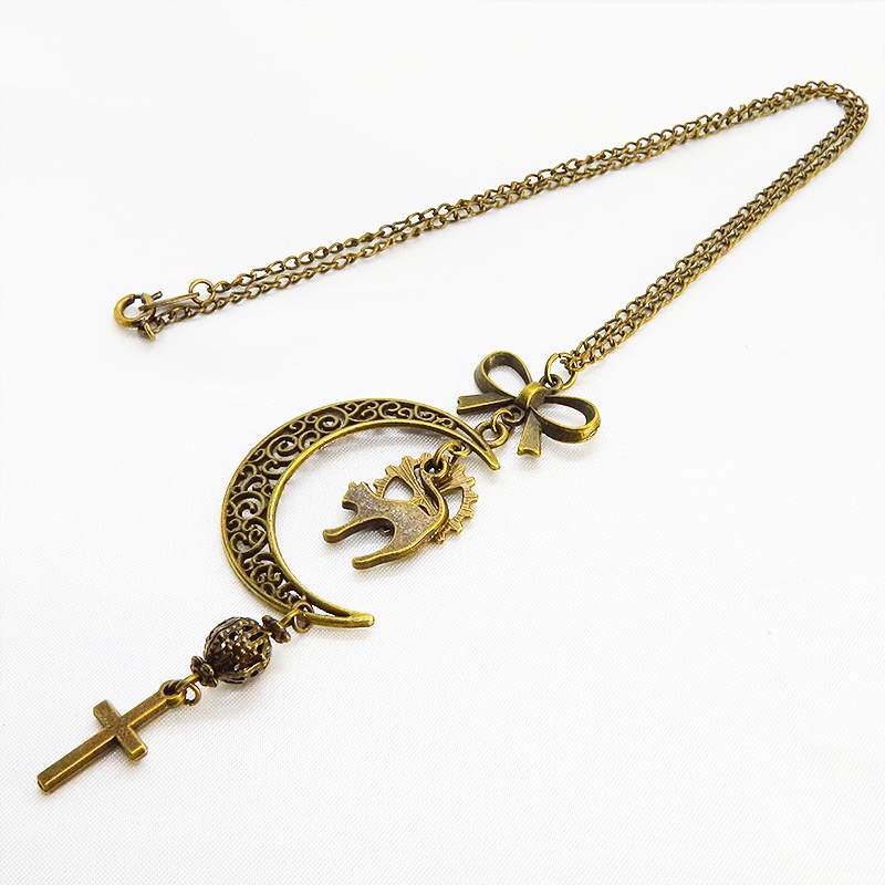 アンティークゴールド 跳ね猫と三日月のネックレス ロザリオ リボン メタルビーズ 透かし アラベスク 長さ調整可 アジャスター可