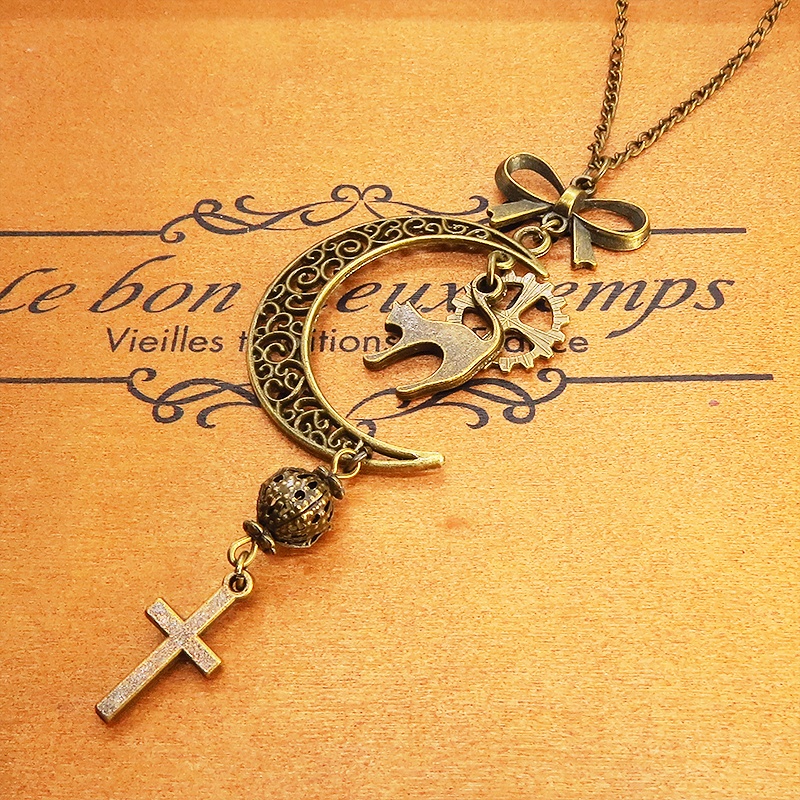 アンティークゴールド 跳ね猫と三日月のネックレス ロザリオ リボン メタルビーズ 透かし アラベスク 長さ調整可 アジャスター可