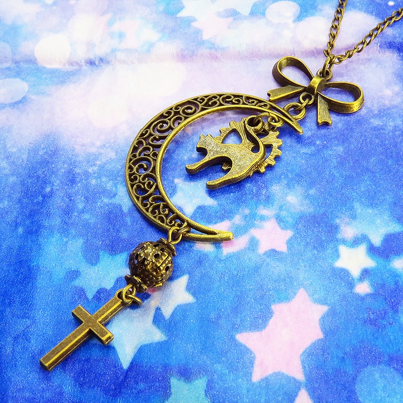 アンティークゴールド 跳ね猫と三日月のネックレス ロザリオ リボン メタルビーズ 透かし アラベスク 長さ調整可 アジャスター可