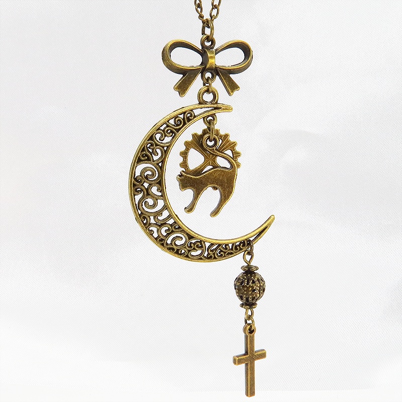 アンティークゴールド 跳ね猫と三日月のネックレス ロザリオ リボン メタルビーズ 透かし アラベスク 長さ調整可 アジャスター可