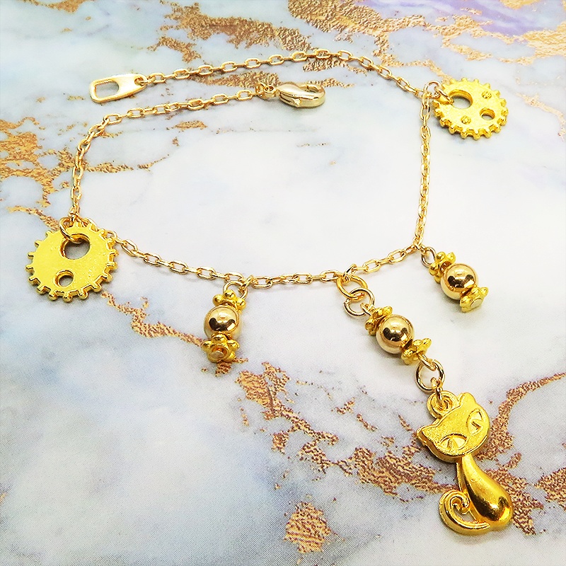 スチームパンク風 猫と歯車のブレスレット メタルビーズ イエローゴールド 繊細