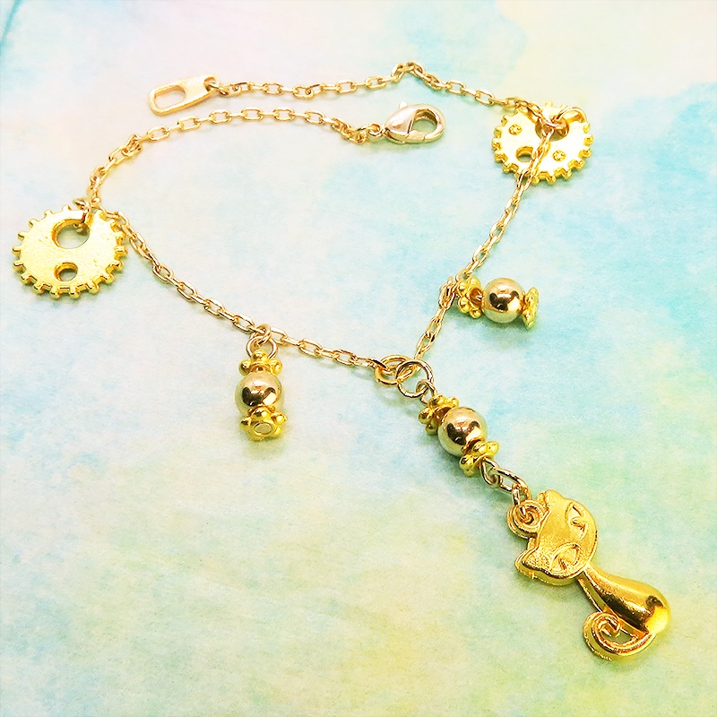 スチームパンク風 猫と歯車のブレスレット メタルビーズ イエローゴールド 繊細