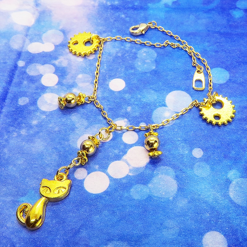 スチームパンク風 猫と歯車のブレスレット メタルビーズ イエローゴールド 繊細