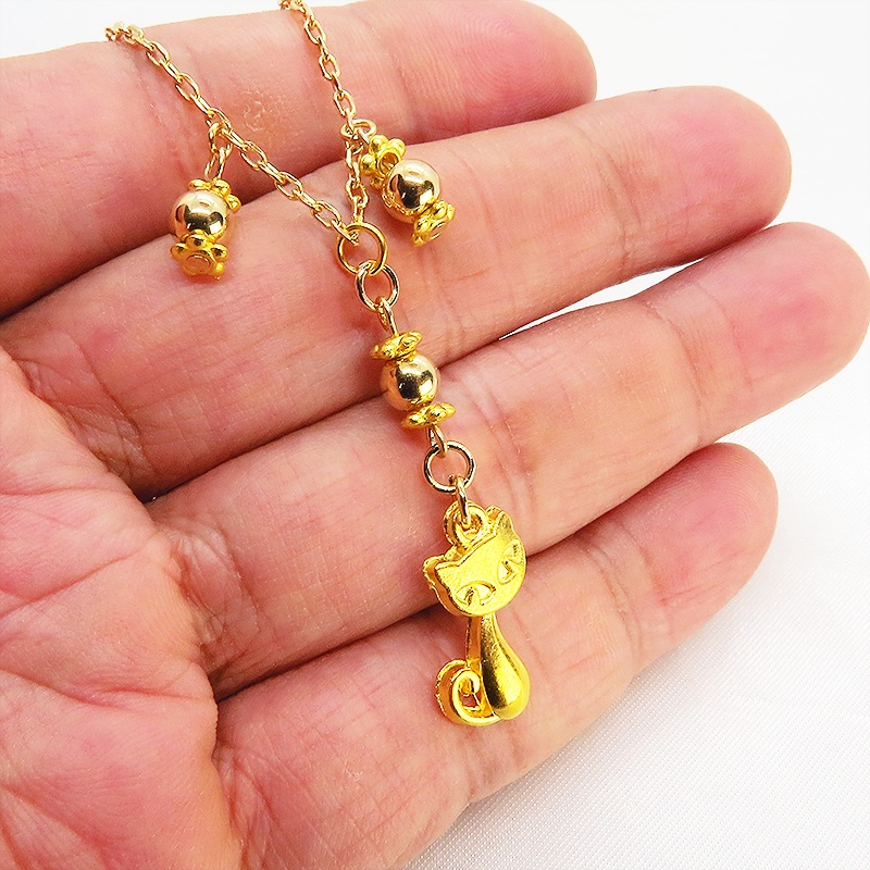 スチームパンク風 猫と歯車のブレスレット メタルビーズ イエローゴールド 繊細