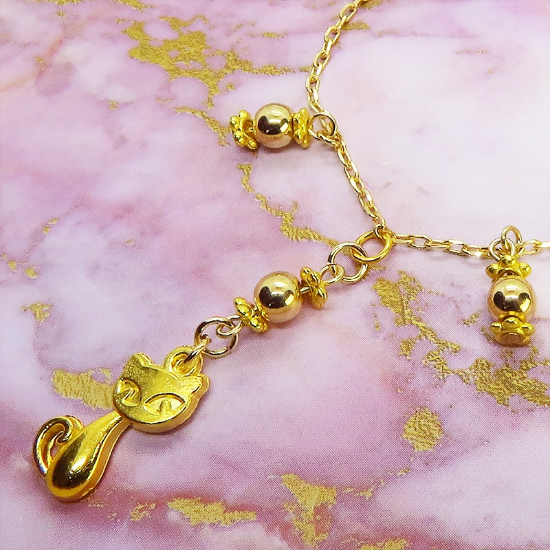 スチームパンク風 猫と歯車のブレスレット メタルビーズ イエローゴールド 繊細