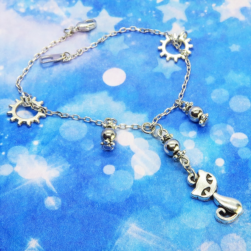 スチームパンク風 猫と歯車のブレスレット メタルビーズ シルバーカラー 繊細