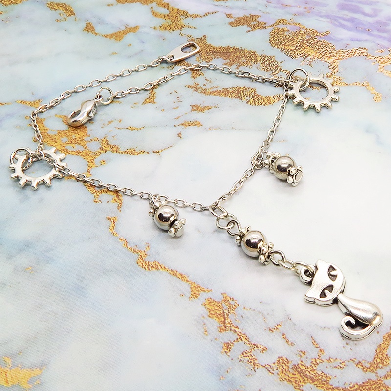 スチームパンク風 猫と歯車のブレスレット メタルビーズ シルバーカラー 繊細