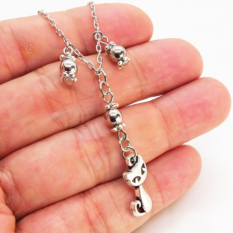 スチームパンク風 猫と歯車のブレスレット メタルビーズ シルバーカラー 繊細