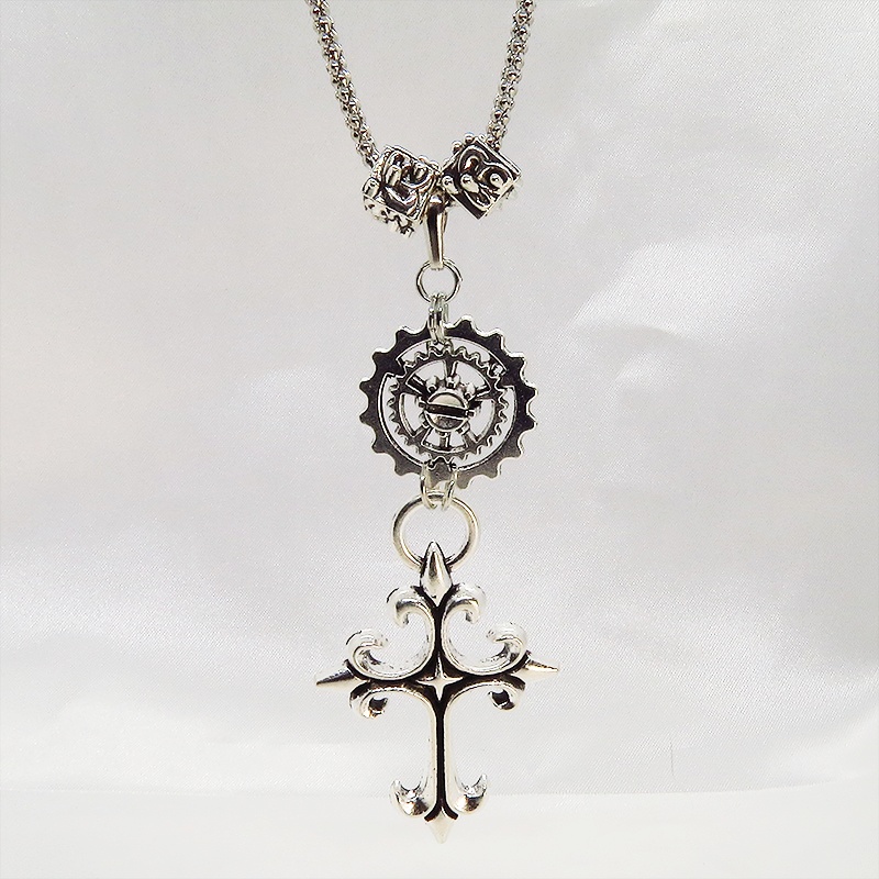 アンティークシルバー ゴシック調ロザリオと歯車のロングチェーンネックレス スチームパンク 十字架
