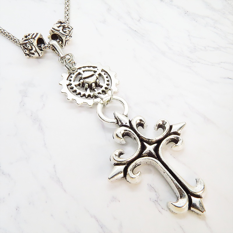 アンティークシルバー ゴシック調ロザリオと歯車のロングチェーンネックレス スチームパンク 十字架