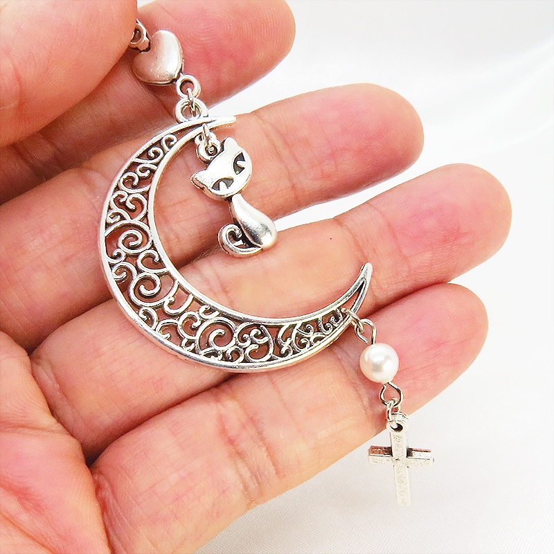 アンティークシルバー 猫とアラベスク調透かし入りの三日月のネックレス スワロフスキーパール ロザリオ ハート 長さ調整可 SV925可